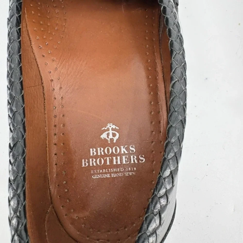 Brooks Brothers Tassel Loafers 10 D Black Leather Braided Trim Hand Sewn Shoes